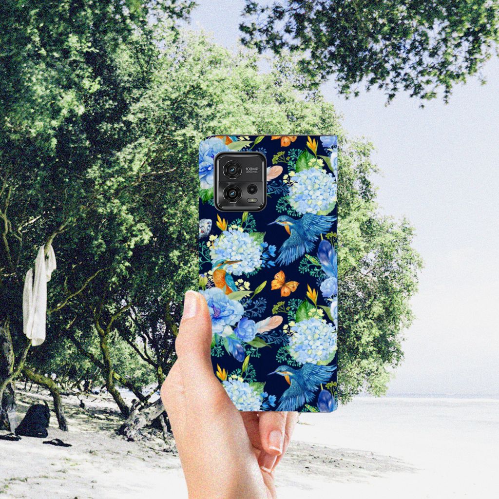 Hoesje maken voor Motorola Moto G72 IJsvogel smartphone case bloemen design hand beach