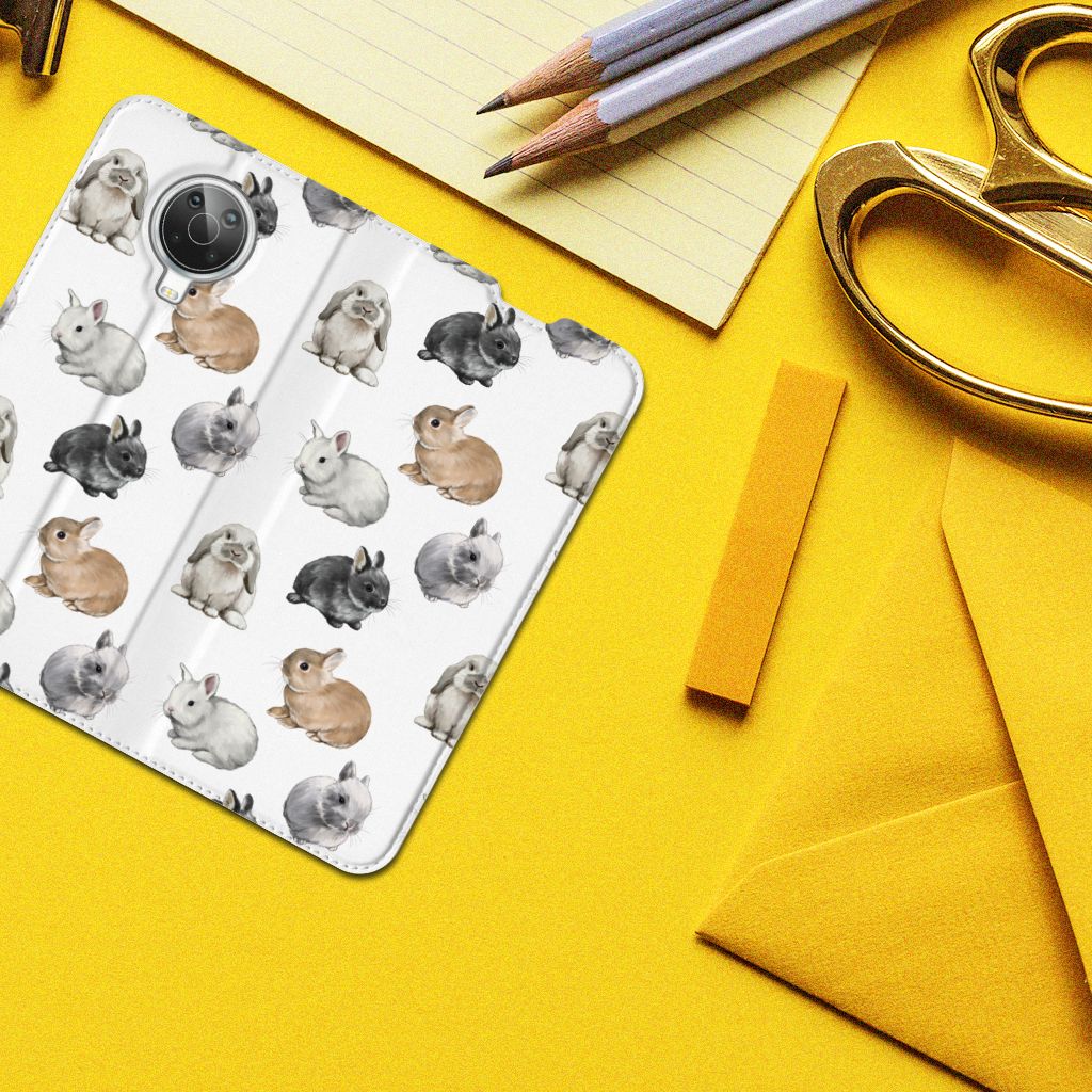 Hoesje maken voor Nokia G10 | G20 Konijntjes met schattige konijntjes op een gele achtergrond.