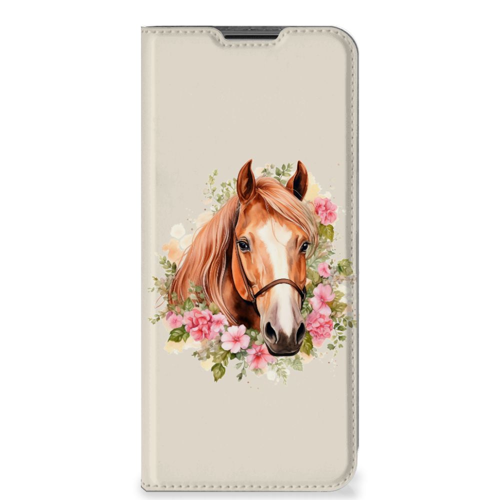 Hoesje maken voor Nokia G50 Paard met een elegante paardenafbeelding omringd door bloemen.