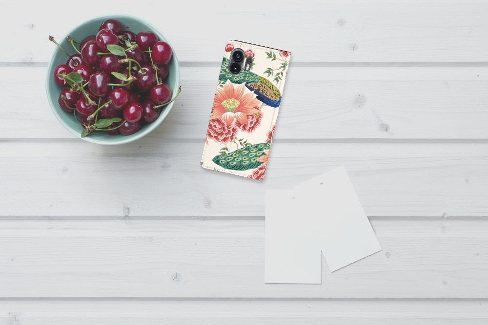 Hoesje maken voor Nothing Phone (2) Pink Peacock met bloemen en pauwen, ideaal cadeau voor stijl en bescherming.