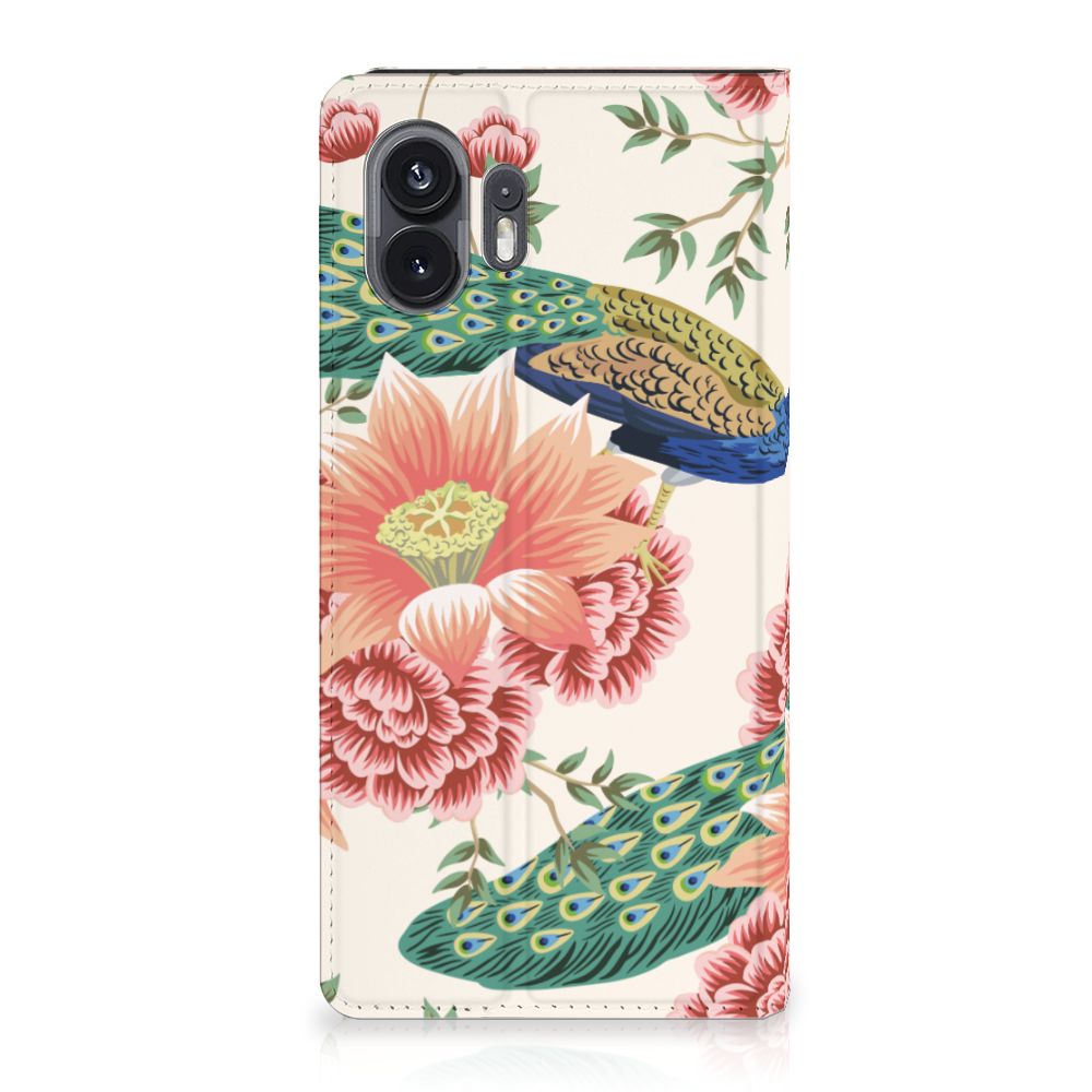 Hoesje maken voor Nothing Phone (2) Pink Peacock met bloemen en pauwen, perfect cadeau voor bescherming en uitstraling.