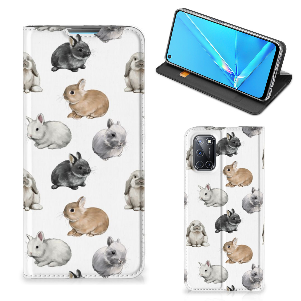 OPPO A52 A72 hoesje maken Konijntjes design voorzijde zijkant