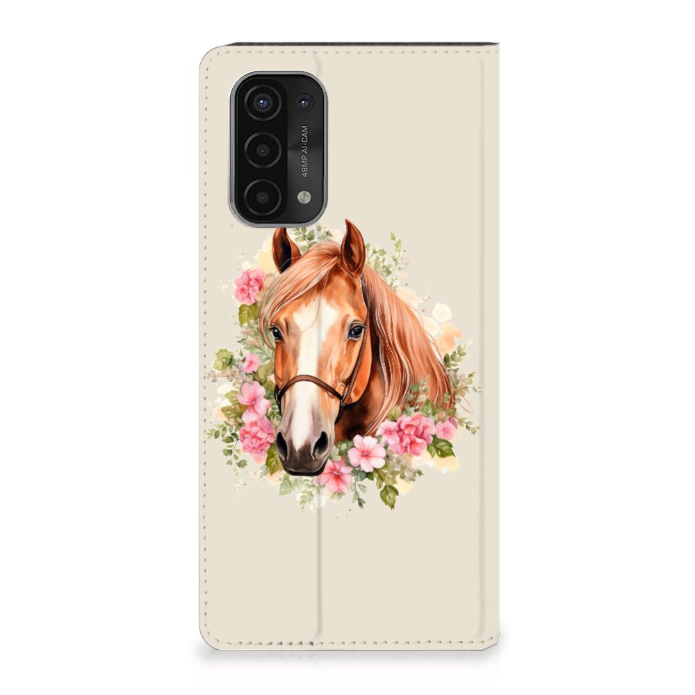 Hoesje maken voor OPPO A54 5G | A74 5G | A93 5G Paard met betoverende paardenillustratie en bloemen 🌸.