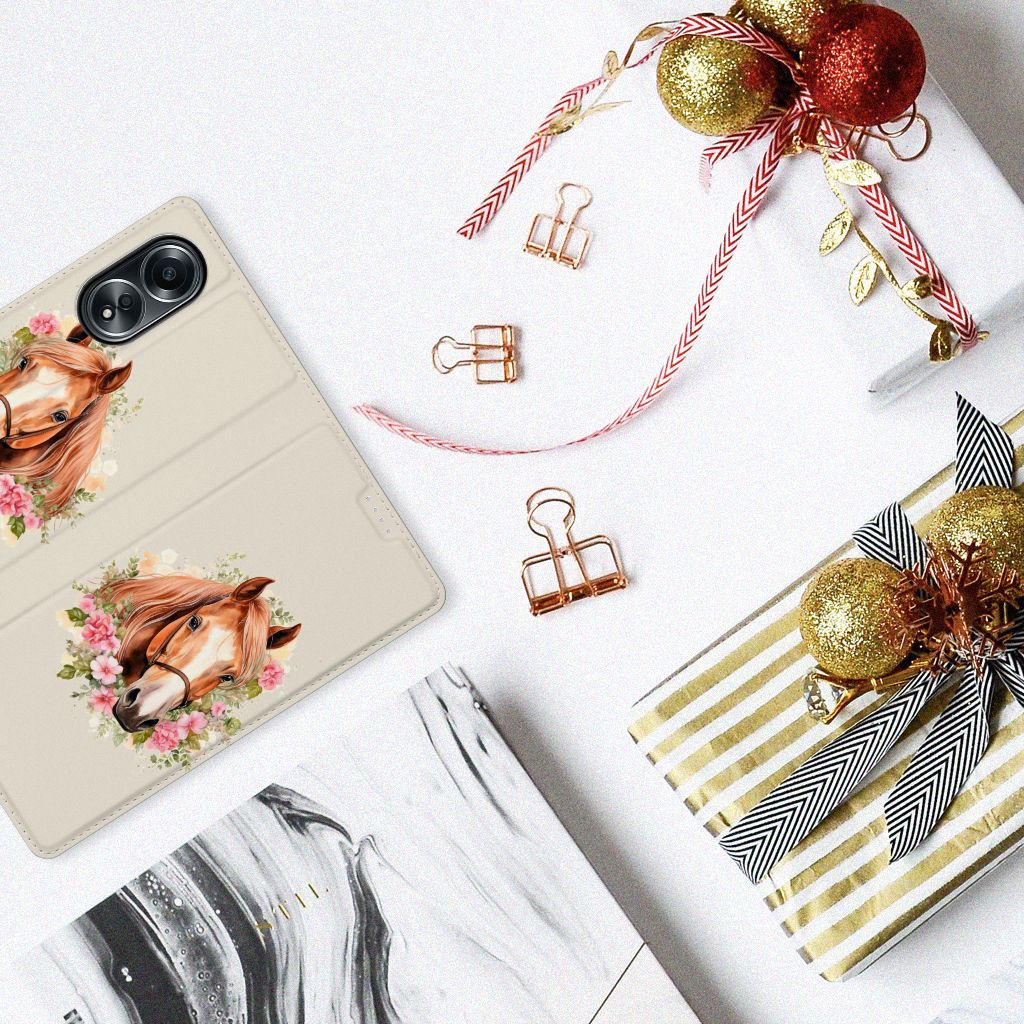 Hoesje maken voor OPPO A58 4G Paard met bloemen, perfect cadeau voor paardenliefhebbers.