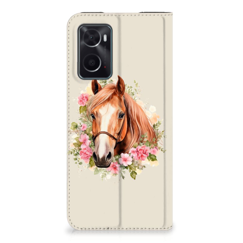 Hoesje maken voor OPPO A96 | A76 Paard telefoonhoesje paard bloemen aanzicht