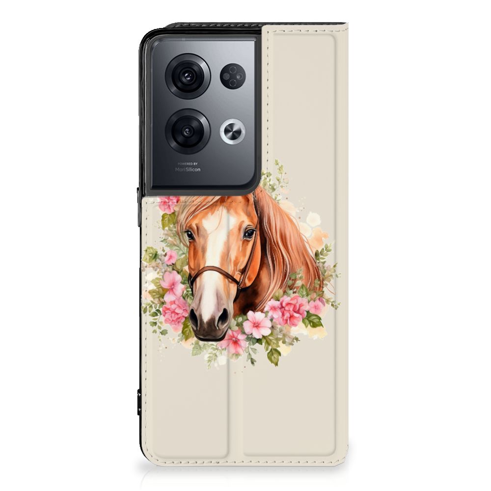 Hoesje maken voor OPPO Reno8 Pro Paard telefoonhoesje paard bloemen aanzicht