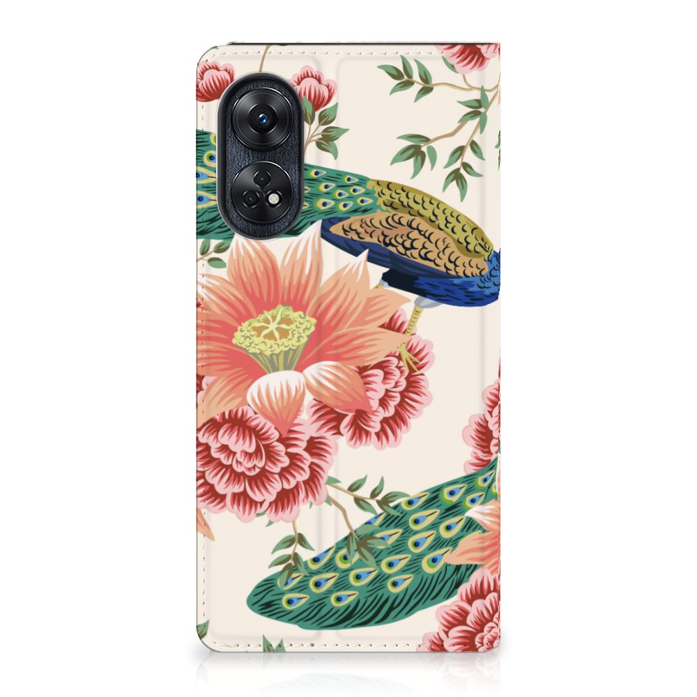 Hoesje maken voor OPPO Reno8 T 4G Pink Peacock met kleurrijk pauwen- en bloemenontwerp voor uitstraling en bescherming.