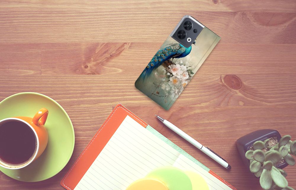 OPPO Reno8 hoesje maken voor Vintage Pauwen aanzicht