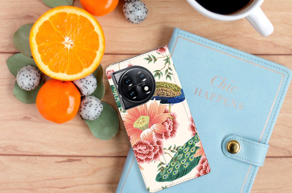 OnePlus 11 hoesje maken Pink Peacock bovenaanzicht met bloemen en pauwdesign