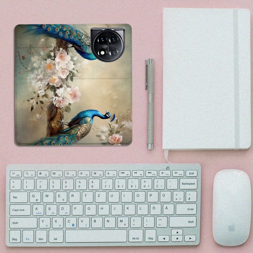 OnePlus 11 hoesje maken voor OnePlus 11 Vintage Pauwen aanzicht