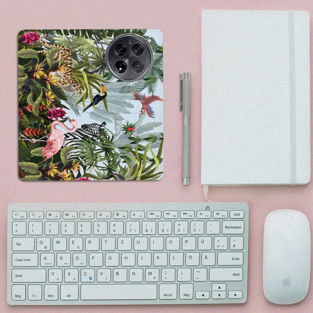 Hoesje maken voor OnePlus 12 Jungle met tropische dieren en levendige kleuren, perfect als cadeau voor bescherming en uitstraling.