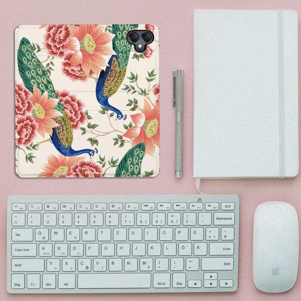 Samsung Galaxy A05 hoesje maken Pink Peacock bovenaanzicht