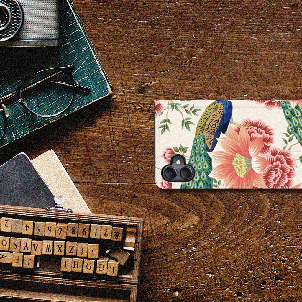 Samsung Galaxy A05 hoesje maken Pink Peacock bovenaanzicht bloemen