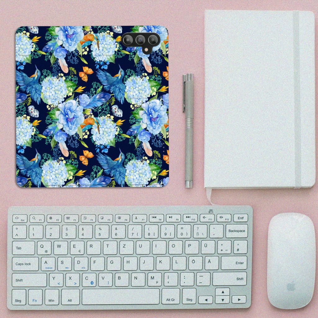 Hoesje maken voor Samsung Galaxy A14 4G IJsvogel met bloemen, toetsenbord en notitieboekje op de achtergrond.