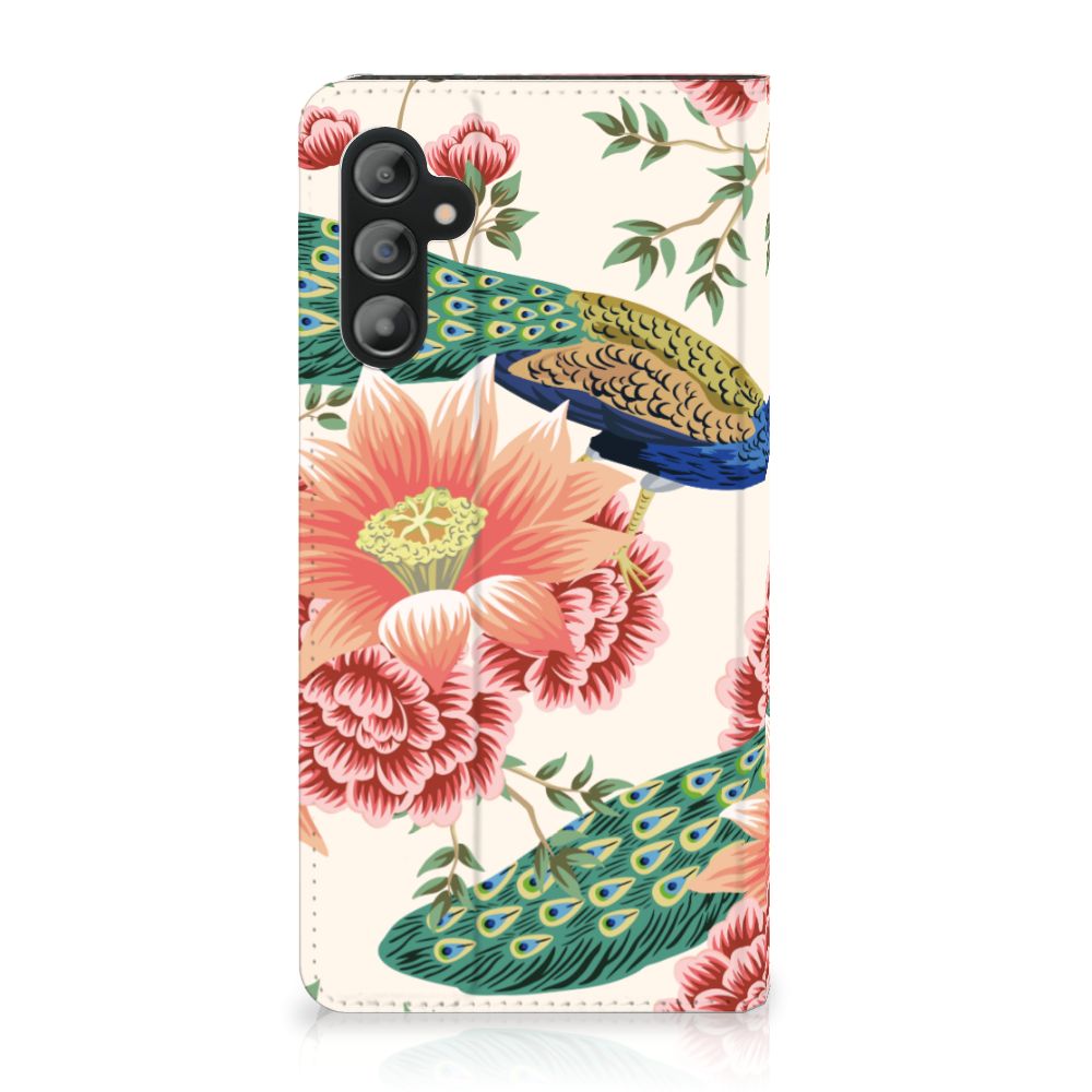 Hoesje maken voor Samsung Galaxy A14 4G Pink Peacock met bloemen en pauwenmotief.