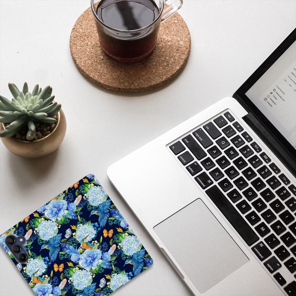 Samsung Galaxy A15 Hoesje maken IJsvogel design bloemen aanzicht