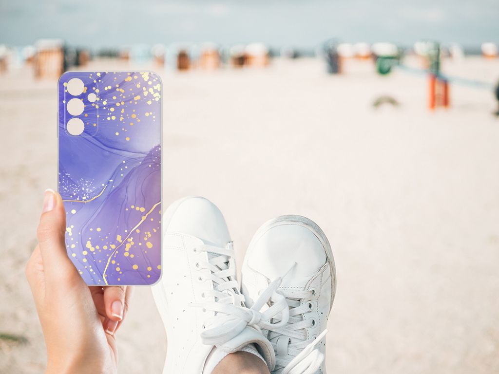 Samsung Galaxy A15 Hoesje maken Watercolor Paars achterkant op strand