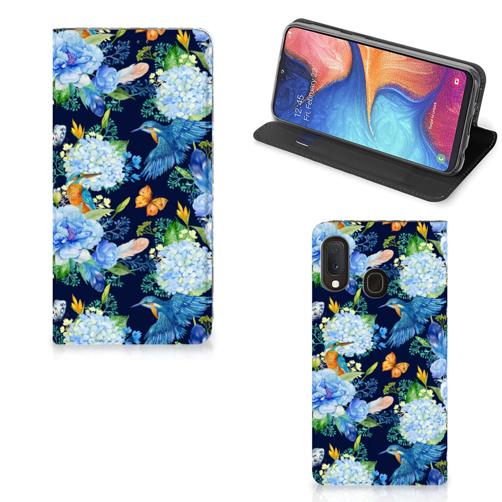 Hoesje maken voor Samsung Galaxy A20e IJsvogel met bloemen en vlinders voor bescherming en stijl 🌼🦋.