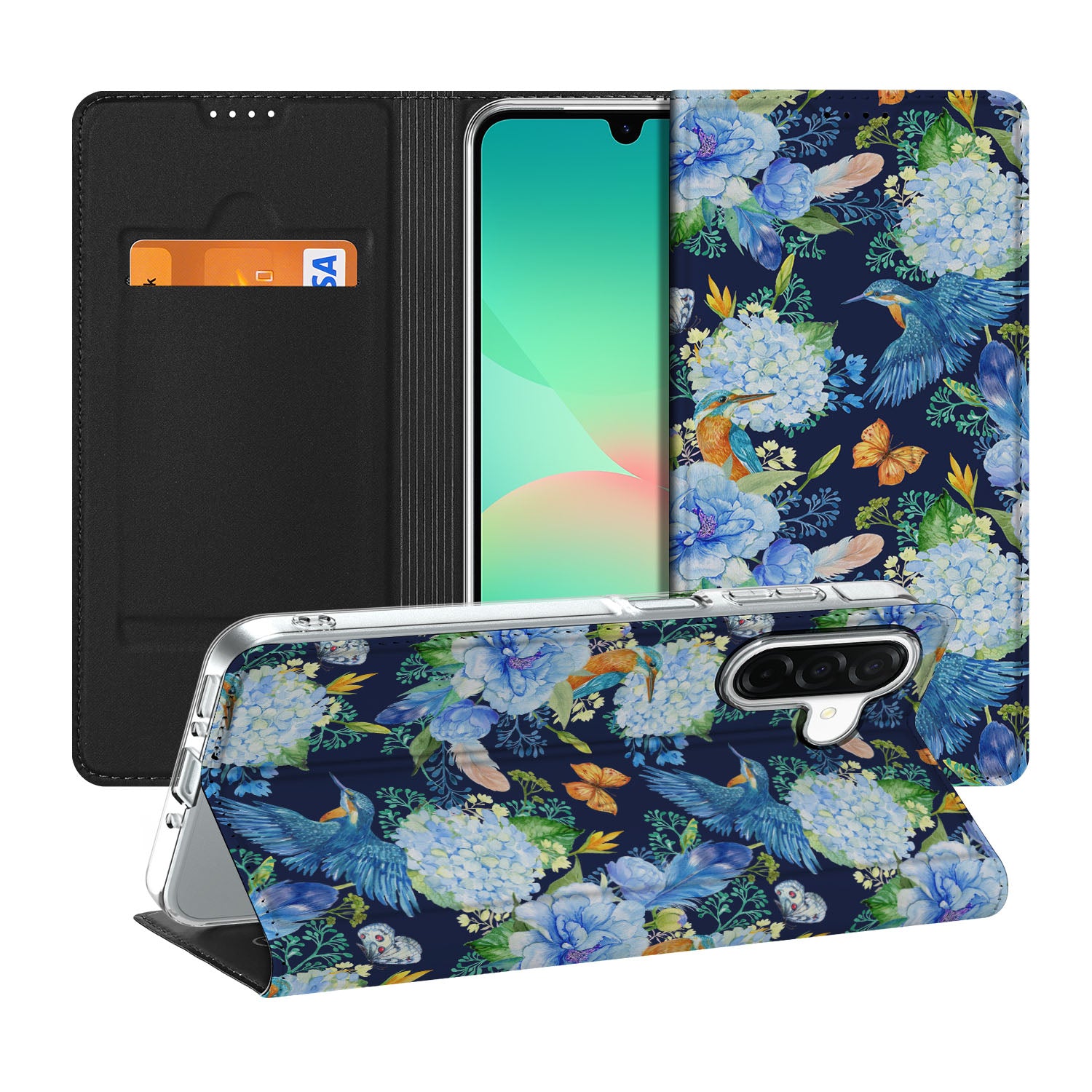 Samsung Galaxy A26 Hoesje maken IJsvogel bloemen design vooraanzicht