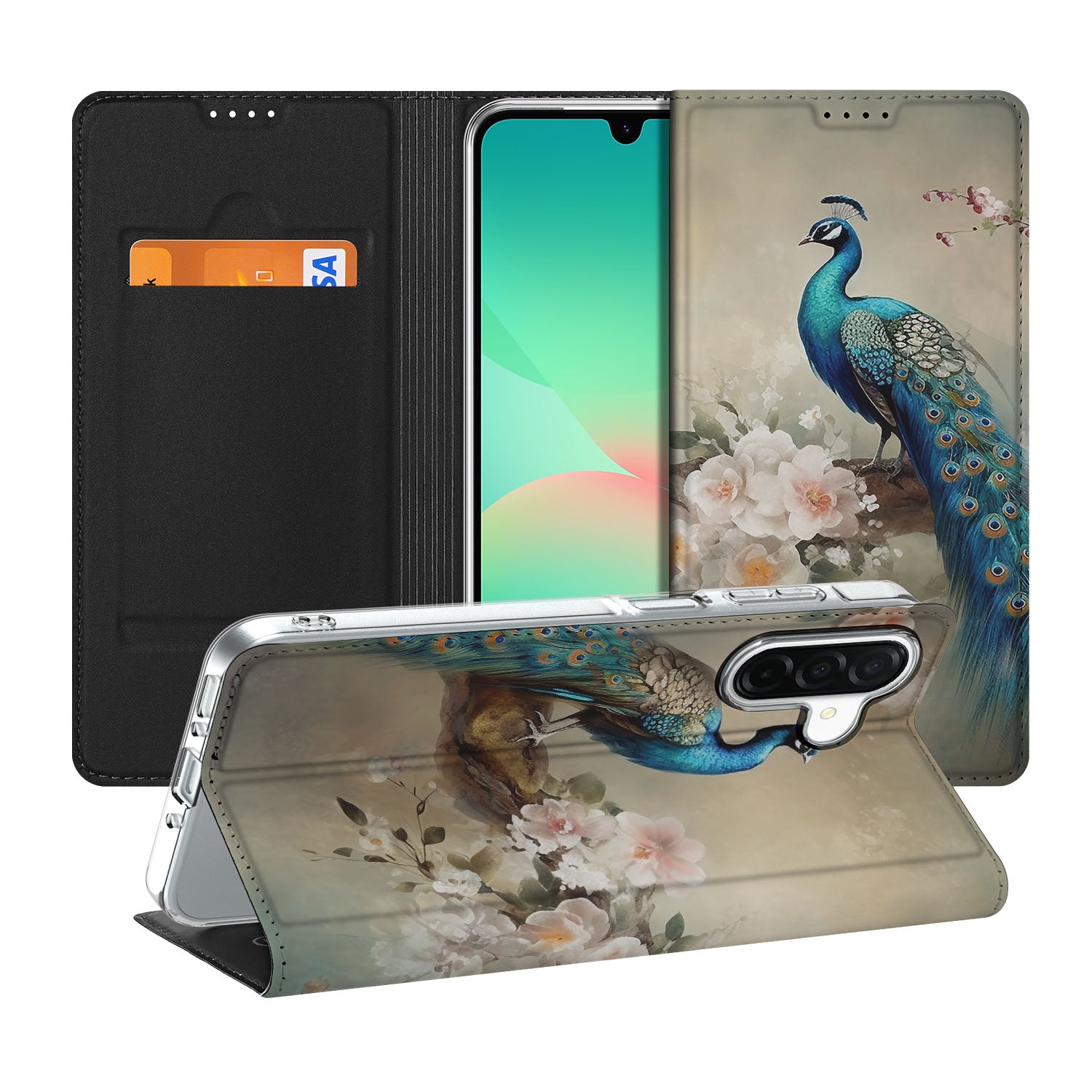 Hoesje maken voor Samsung Galaxy A26 Vintage Pauwen voorkant zij aanzicht