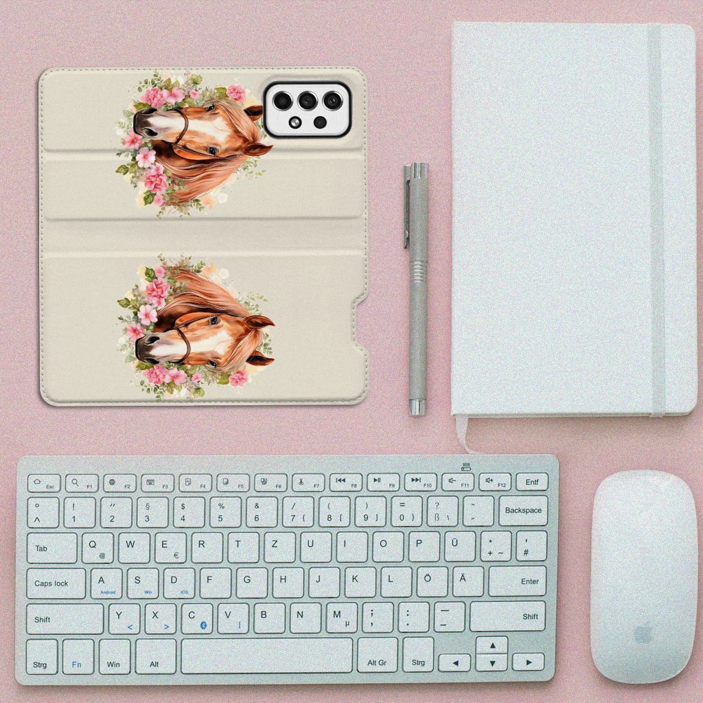 Hoesje maken voor Samsung Galaxy A73 Paard, mooi met bloemen, perfect als cadeau voor paardliefhebbers.