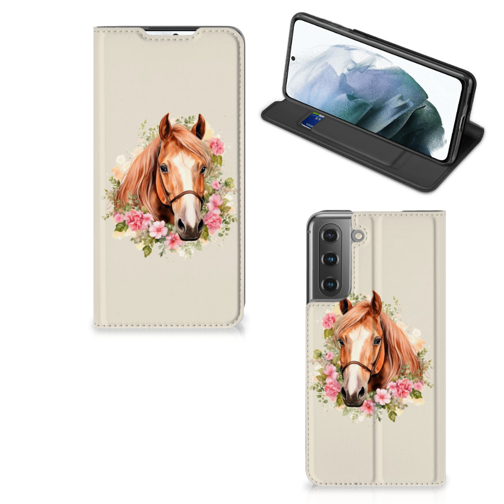 Hoesje maken voor Samsung Galaxy S21 FE Paard met bloemen, perfect cadeau voor paardenliefhebbers.