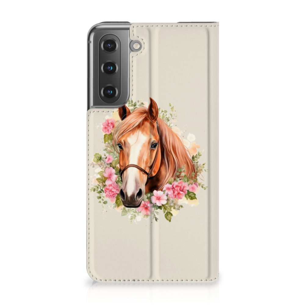 Hoesje maken voor Samsung Galaxy S21 FE Paard met bloemen, perfect als cadeau voor paardenliefhebbers.