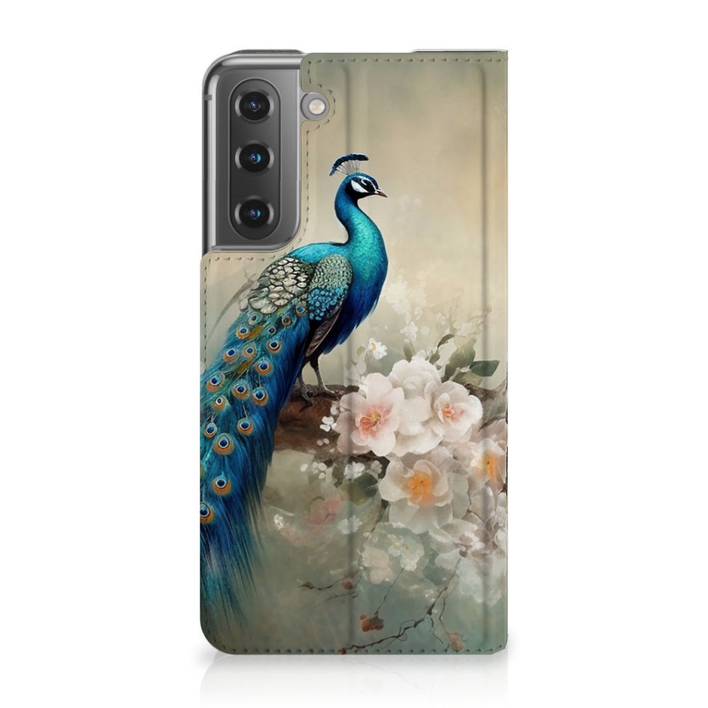 Hoesje maken voor Samsung Galaxy S21 FE Vintage Pauwen met kleurrijke veren en bloemen, perfect als cadeau! 🎁