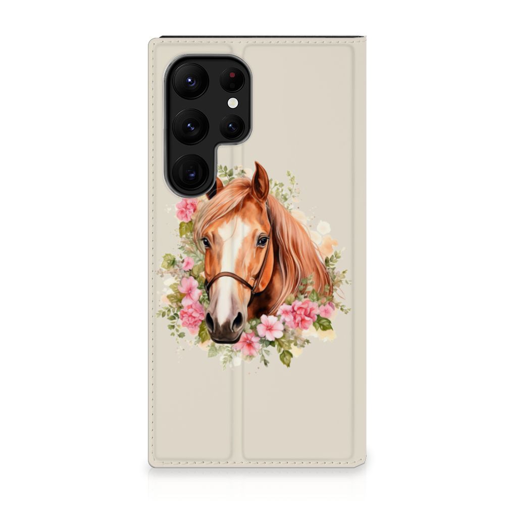 Hoesje maken voor Samsung Galaxy S23 Ultra Paard - stylish design met een prachtig paard en bloemen 🌸.