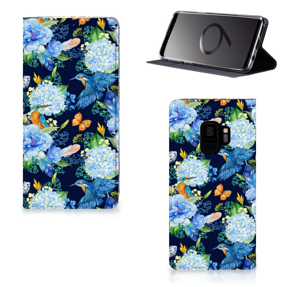 Samsung Galaxy S9 Hoesje maken IJsvogel design bloemen aanzicht