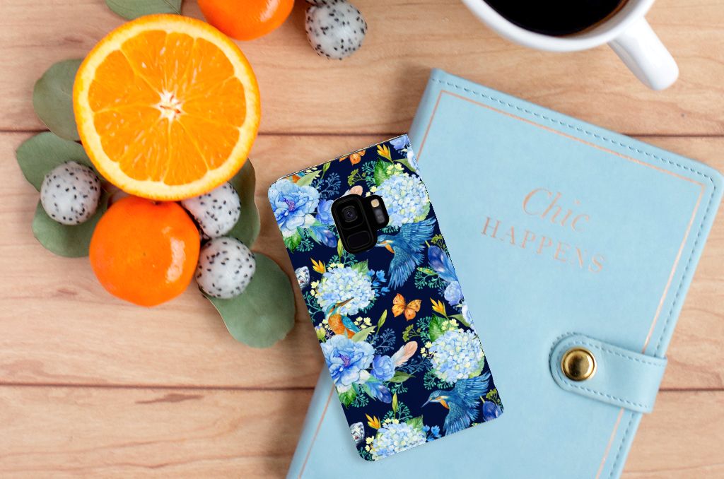 Samsung Galaxy S9 hoesje maken IJsvogel design bloemen bovenaanzicht