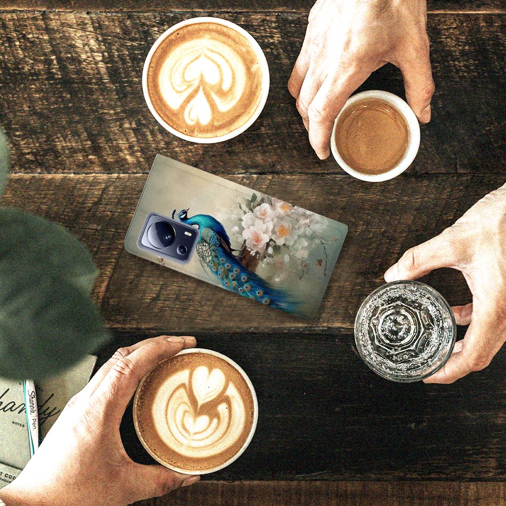 Xiaomi 13 Lite hoesje maken voor Vintage Pauwen design bovenaanzicht koffie