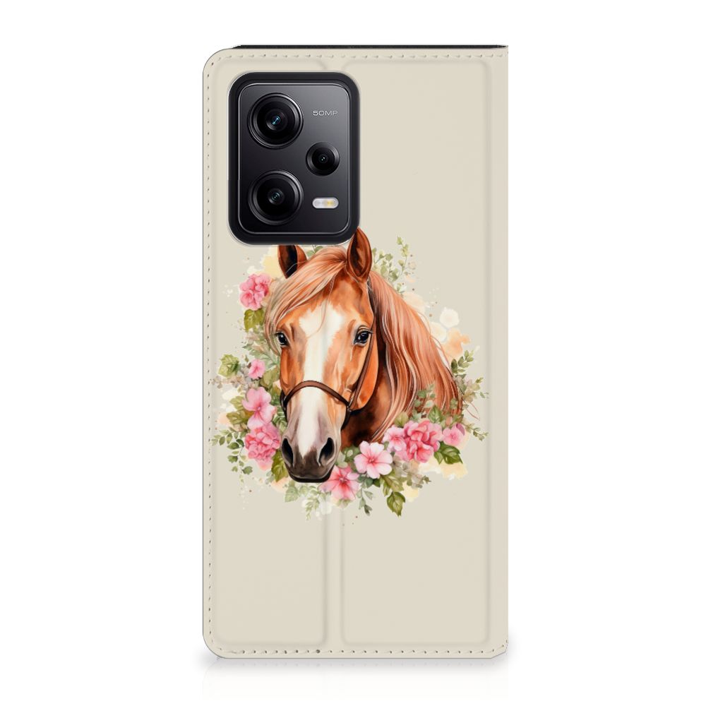 Hoesje maken voor Xiaomi Redmi Note 12 Pro | Poco X5 Pro Paard telefoonhoesje paard bloemen vooraanzicht