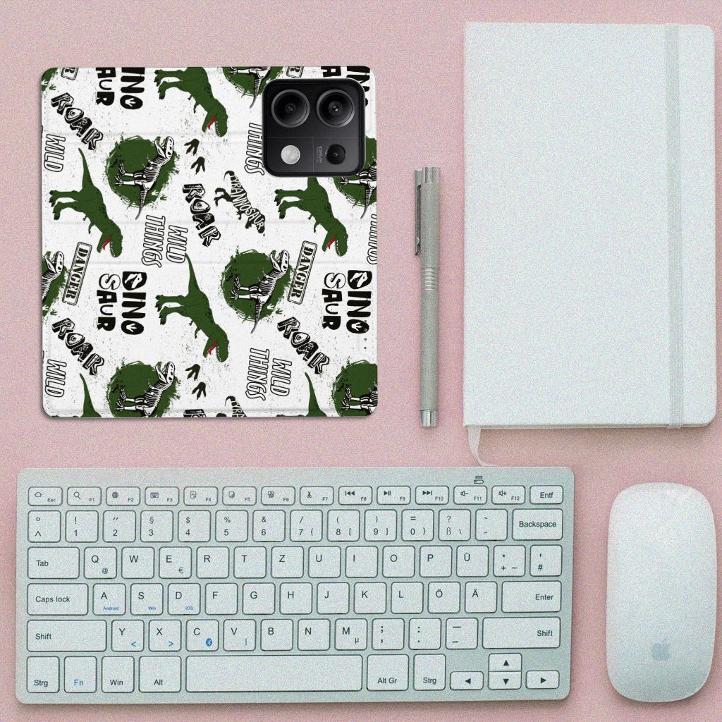 Hoesje maken voor Xiaomi Redmi Note 13 5G Dinosaurus met dino's en tekst, perfect als cadeau voor dino-liefhebbers.