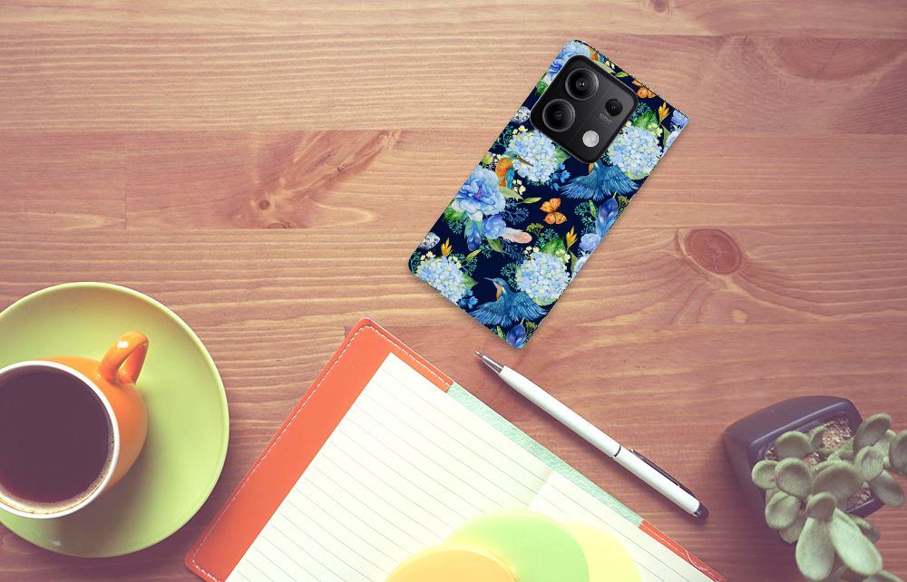 Hoesje maken voor Xiaomi Redmi Note 13 5G IJsvogel bloemen design bovenaanzicht