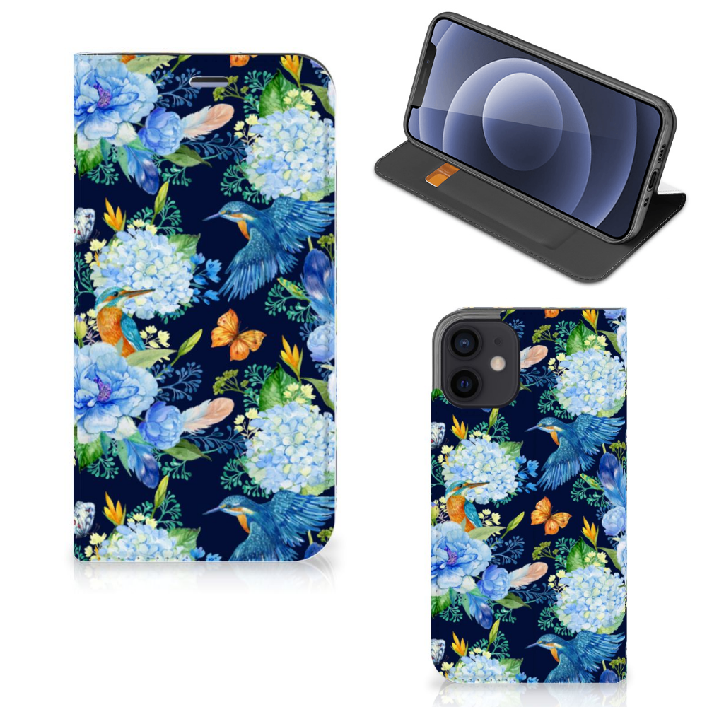 Hoesje maken voor iPhone 12 Mini IJsvogel met bloemen en vlinders, kleurrijk design 🌸