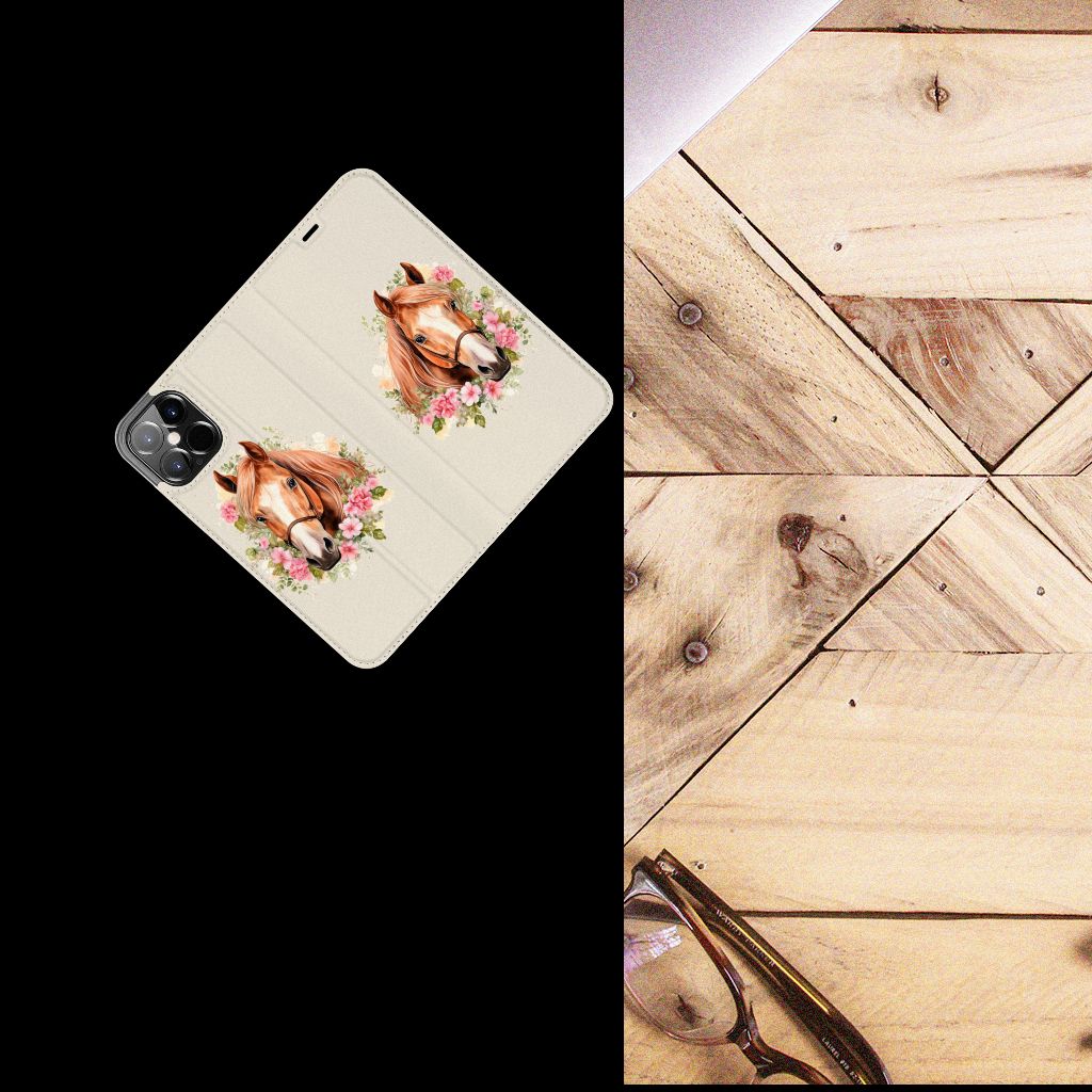 Hoesje maken voor iPhone 12 Pro Max Paard met bloemenprint, ideaal voor paardenliefhebbers.