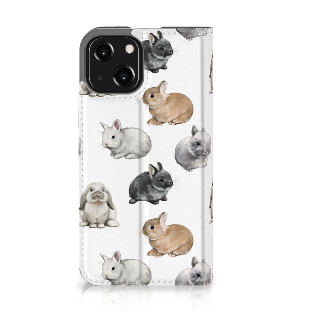Hoesje maken voor iPhone 13 Mini Konijntjes met schattige konijnen in verschillende kleuren.