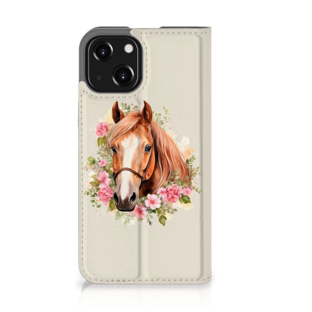 Hoesje maken voor iPhone 13 Mini Paard met schattige paardenafbeelding en bloemen.