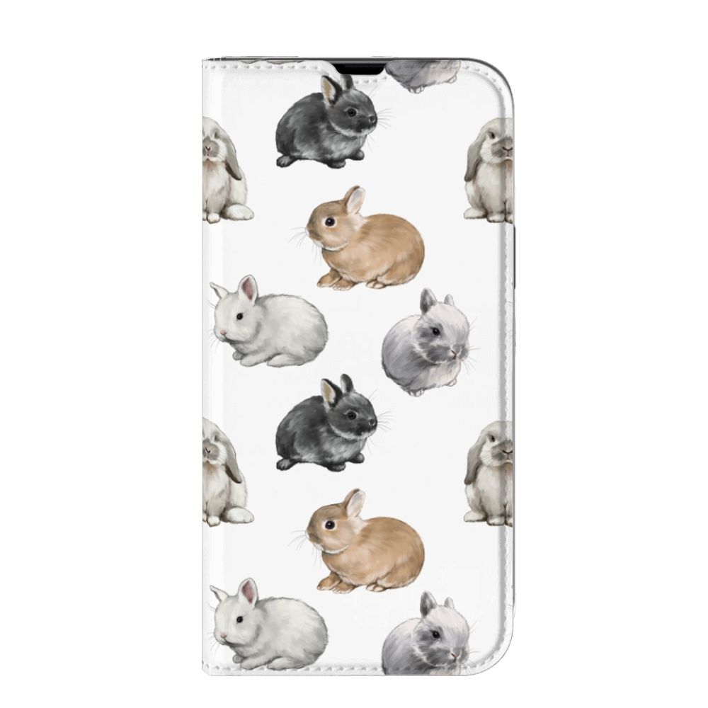 Hoesje maken voor iPhone 13 Pro Max Konijntjes met schattige konijnenillustraties op een witte achtergrond.