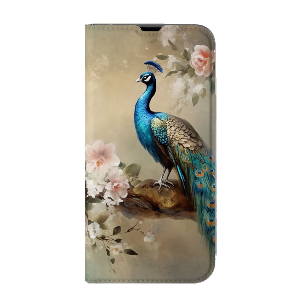 Hoesje maken voor iPhone 13 Pro Max Vintage Pauwen met een prachtig pauw ontwerp en bloemen.