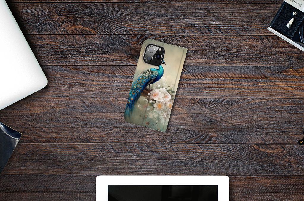 iPhone 14 Pro Max hoesje maken voor iPhone 14 Pro Max Vintage Pauwen bovenaanzicht
