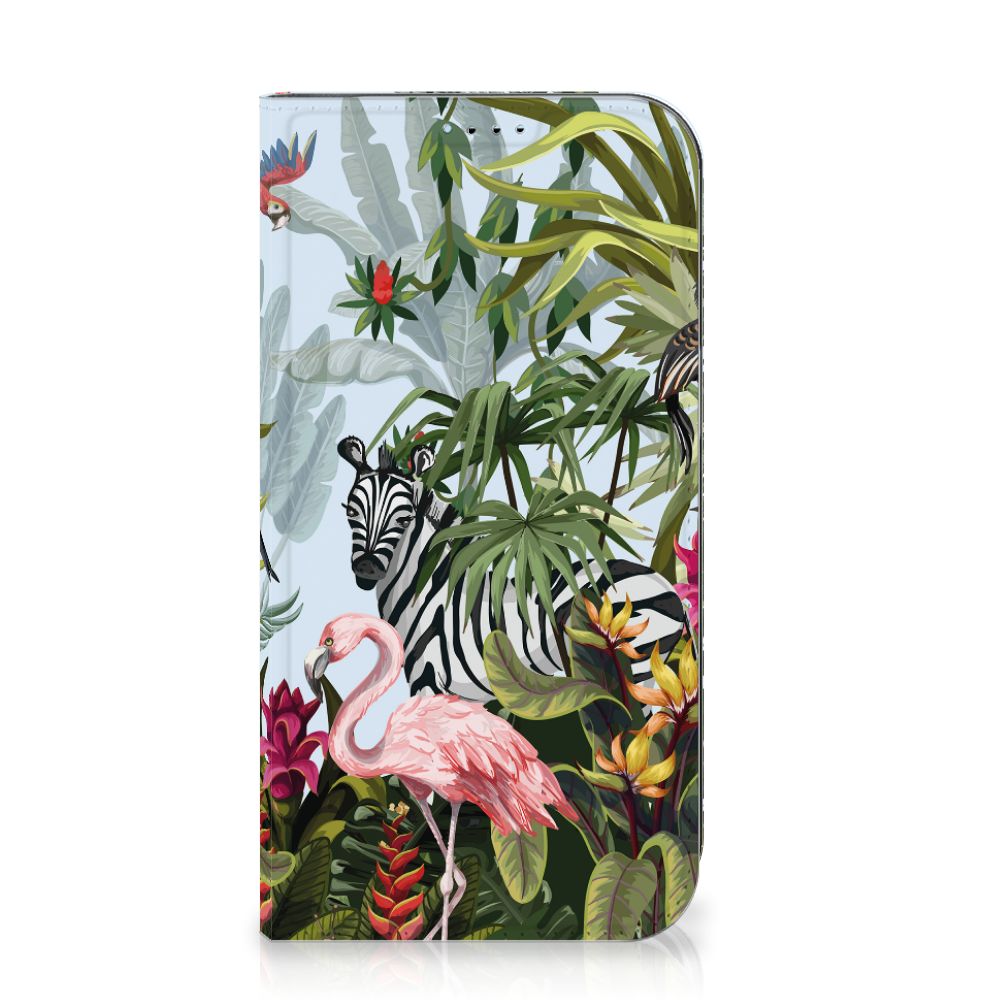 Hoesje maken voor iPhone 15 Jungle met een zebra 🦓 en een flamingo in tropische jungle stijl.