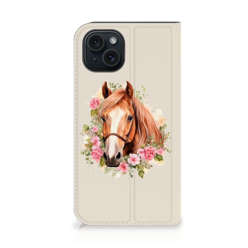 Hoesje maken voor iPhone 15 Paard - Elegant paardenontwerp met bloemen 🎨