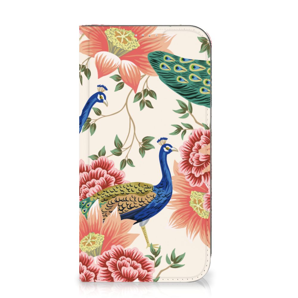 Hoesje maken voor iPhone 15 Plus Pink Peacock met kleurrijke pauwen en bloemenprint 🌸