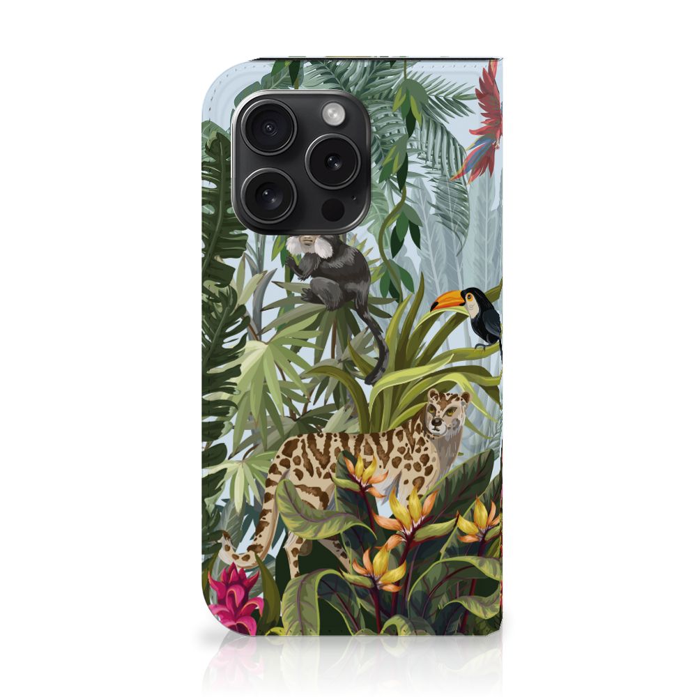 Hoesje maken voor iPhone 15 Pro Jungle met jungle design en dieren zoals een jaguar en toekan 🌴.