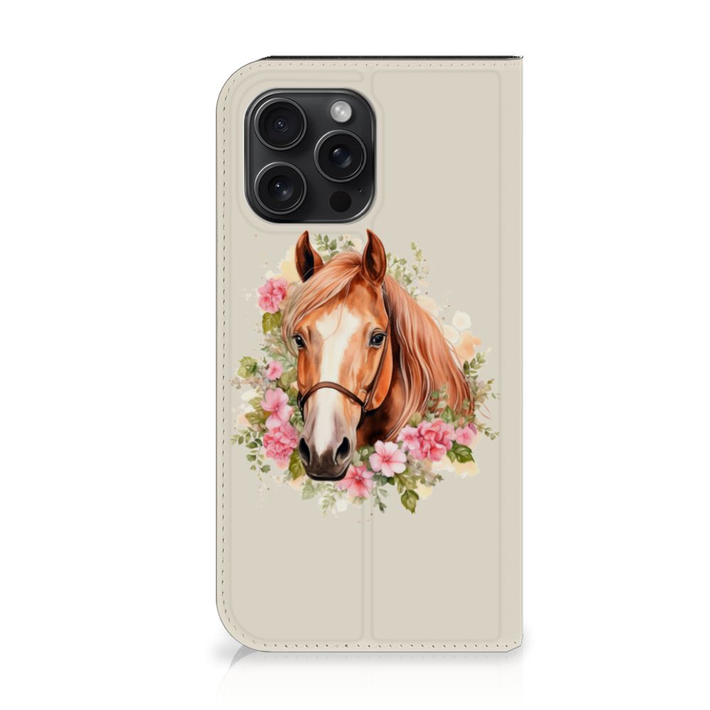 Hoesje maken voor iPhone 15 Pro Max Paard met bloemen - prachtig ontwerp voor paardenliefhebbers.