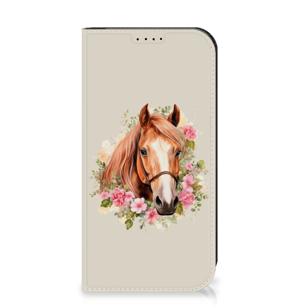 Hoesje maken voor iPhone 15 Pro Paard met mooie paardenillustratie en bloemen.