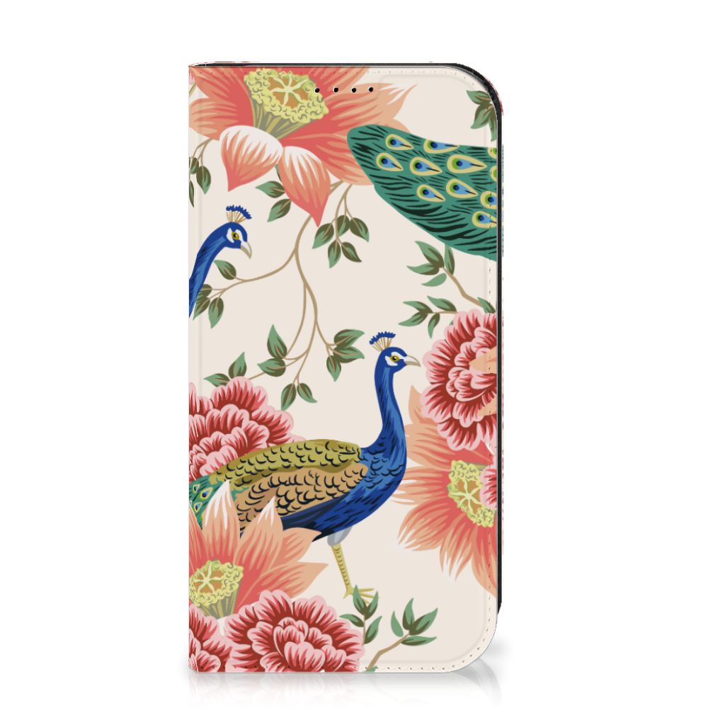 Hoesje maken voor iPhone 15 Pro Pink Peacock met kleurrijke pauwen en bloemen in een elegant design.