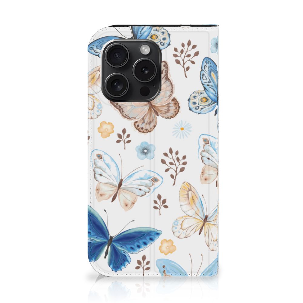 Hoesje maken voor iPhone 15 Pro Vlinder met kleurrijke vlinders en bloemenprint, vrolijk ontwerp.
